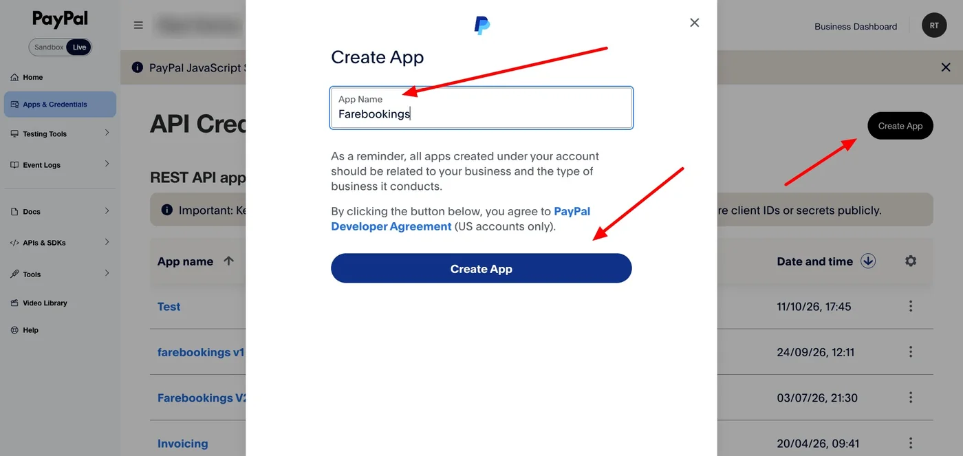 PayPal-Fenster Create App mit eingetragenem App-Namen