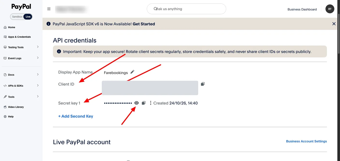 PayPal-Seite mit API-Zugangsdaten, Client ID und Secret key 1 (Werte verborgen)